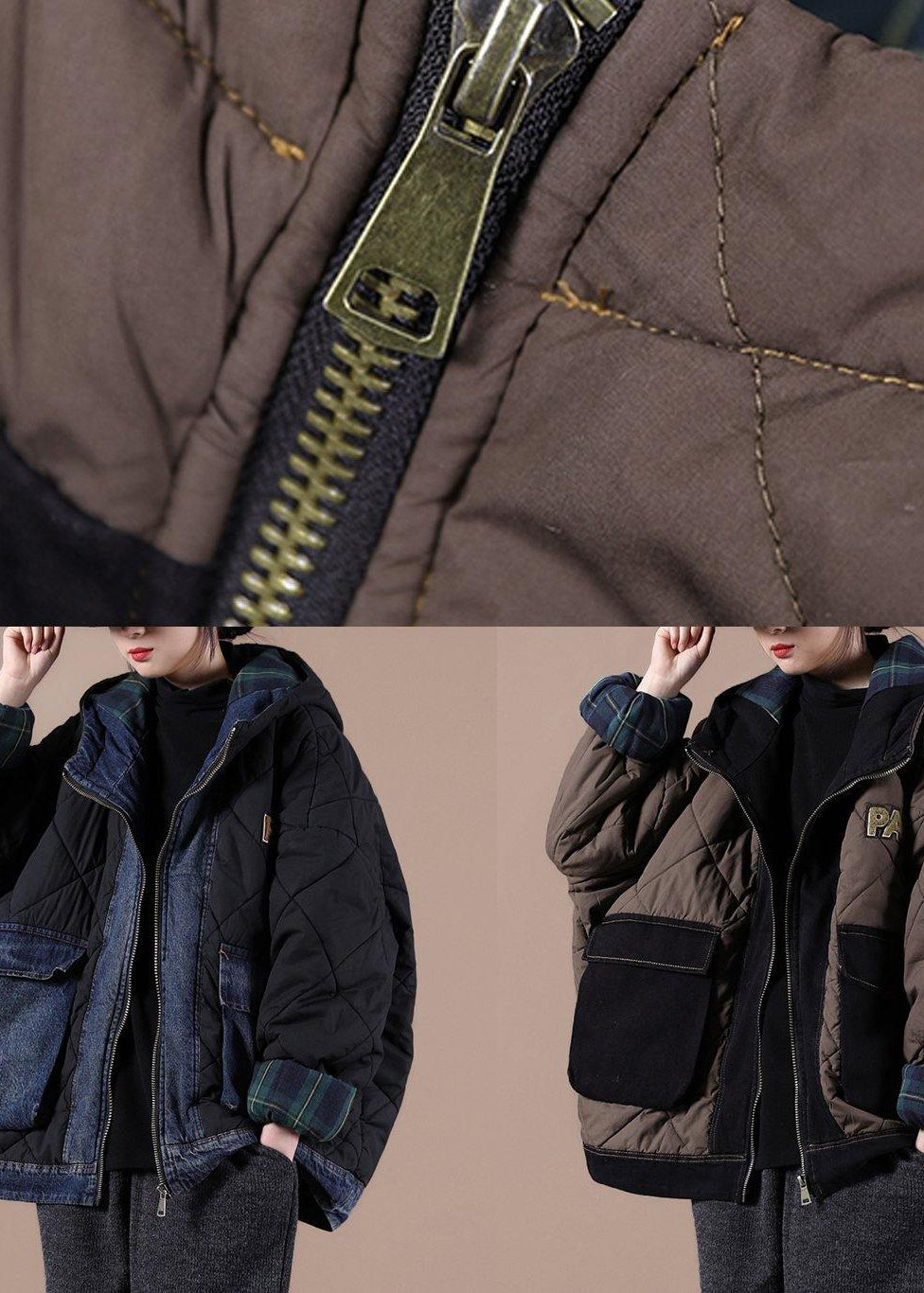 Luvik | svarte parkas for kvinner romslige snøklær med hette rutete vinterklær