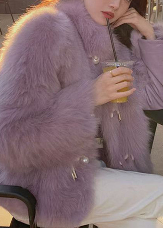 Luvik | Lila Korkeakauluksinen Napillinen Nahka ja Turkissa olevat Takit