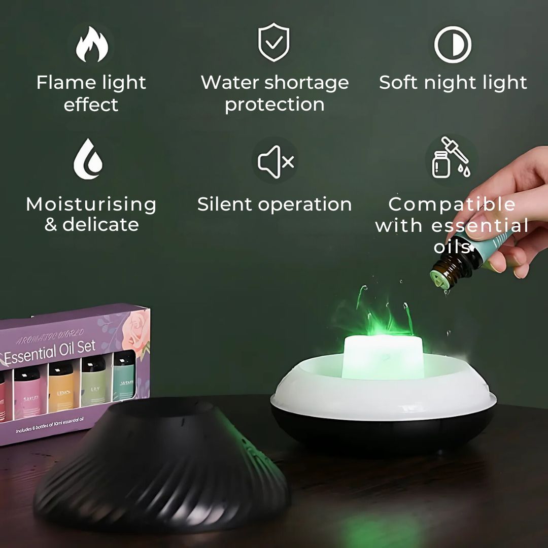 FlameGlow Luftfukter Aromaterapi Diffuser | Tilfører Fuktighet - Lindrer Tørr Luft - Hjelper med å Slappe Av - Stille Diffuser for Hjem eller Kontor Luvikno