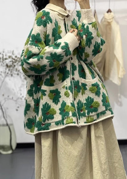 Luvik | Vihreällä taskulla varustettu pitkähihaisista puuvillaneuleesta tehty takki