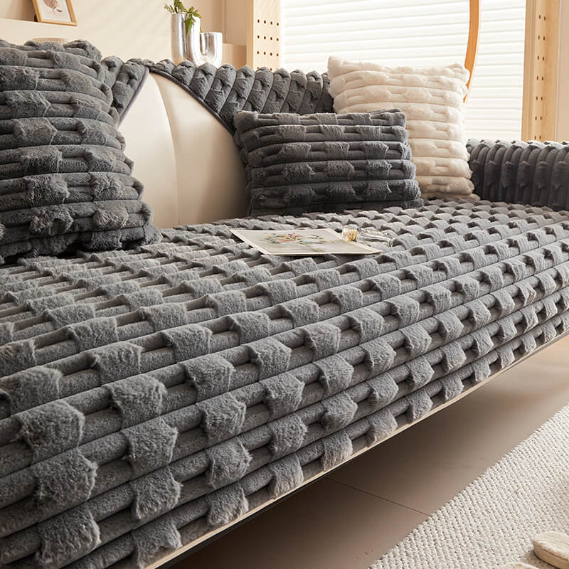 Fluffy Plush Stripet Møbelbeskytter Sofa Deksel - Rutsjfritt | Luvikno