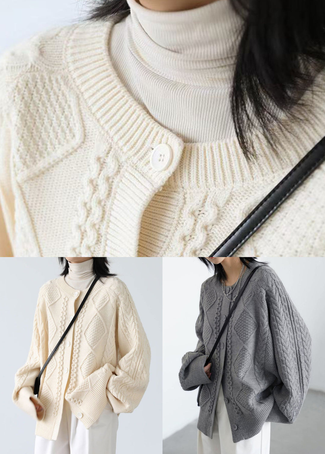 Luvik | Beige strikket genser med rund krage og knapp