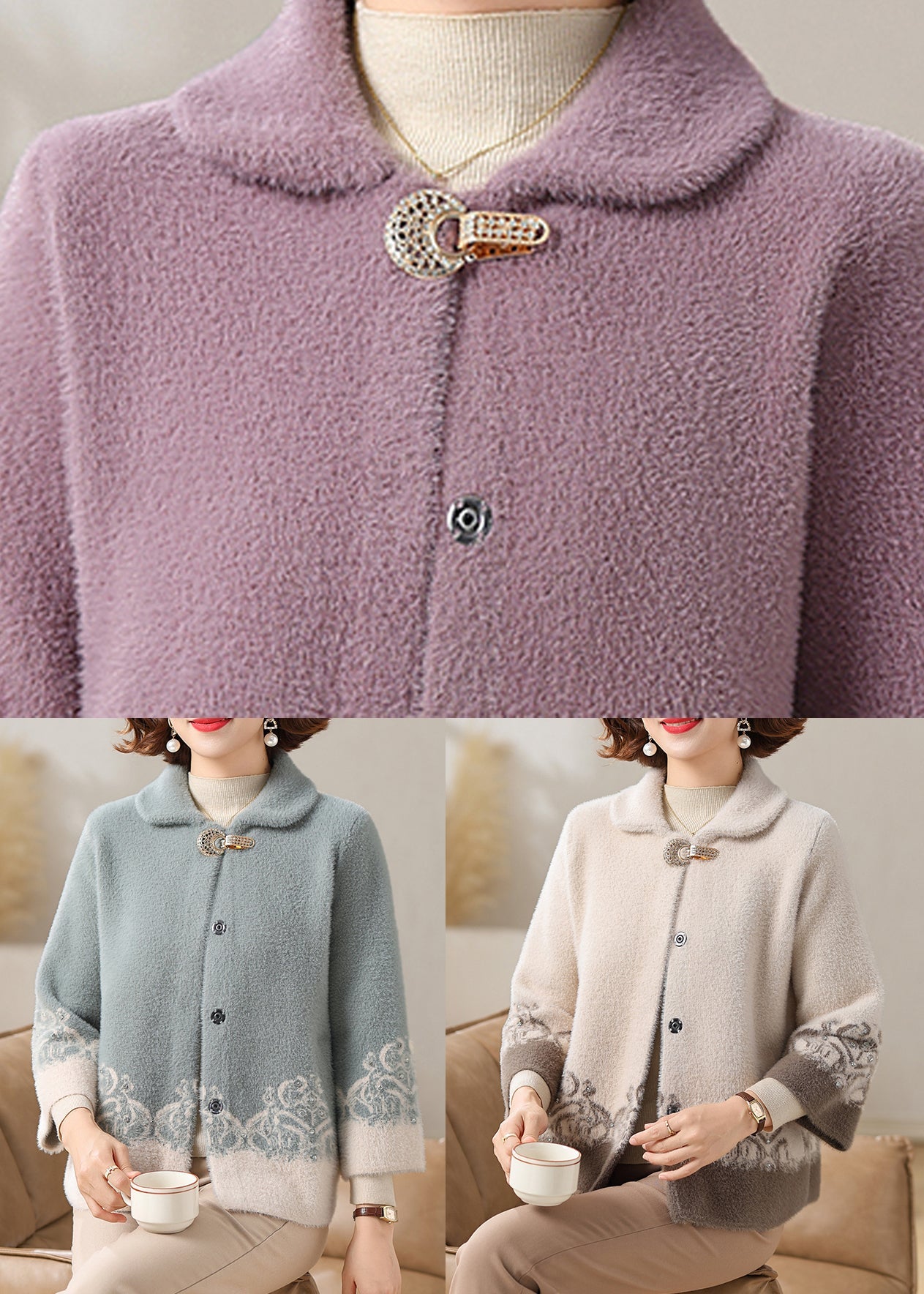 Luvik | Sametti minky takki Peter Pan -kauluksella beige