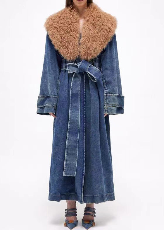 Luvik | Lange denimjakker med belte og faux pelskrage blå