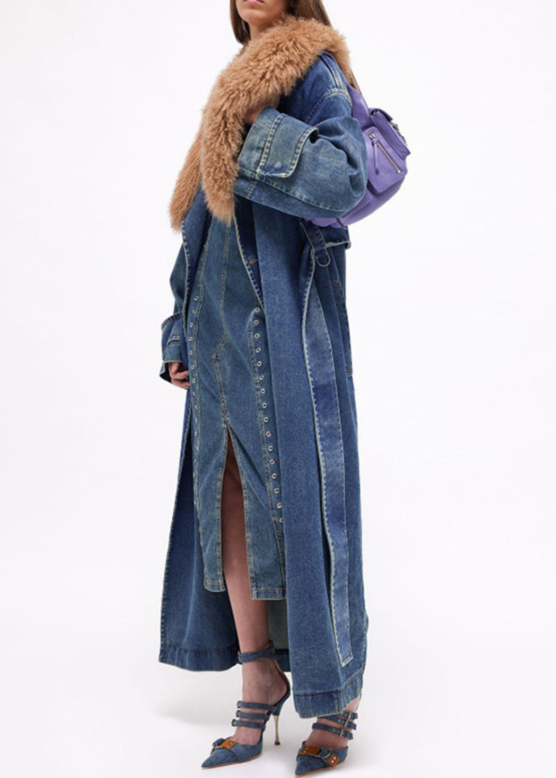 Luvik | Lange denimjakker med belte og faux pelskrage blå