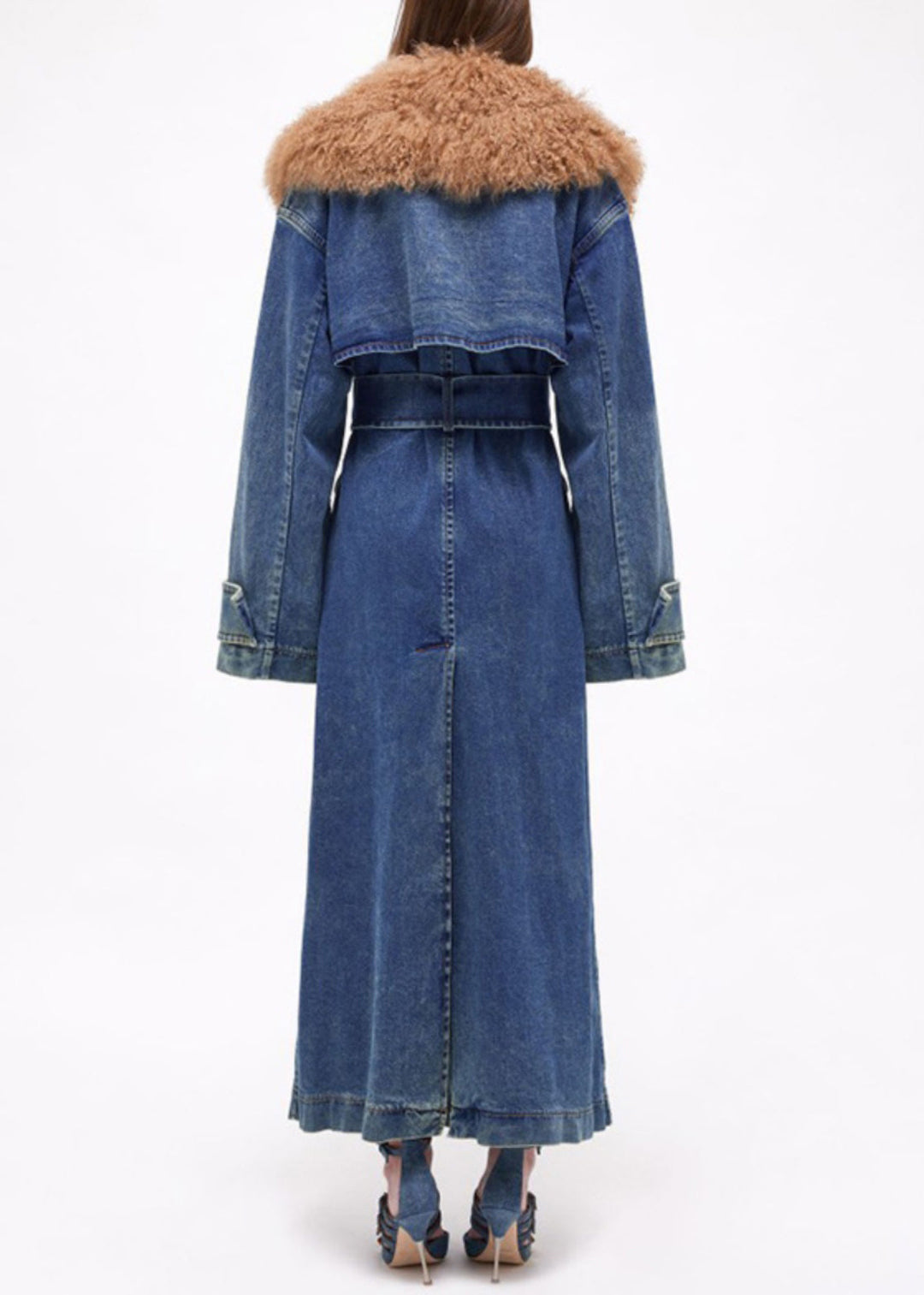 Luvik | Lange denimjakker med belte og faux pelskrage blå