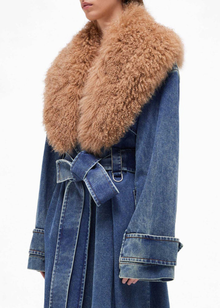 Luvik | Lange denimjakker med belte og faux pelskrage blå