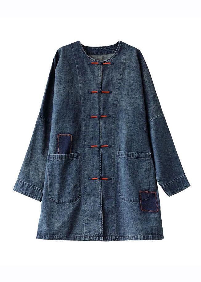 Luvik | Blå denim-lappetakk med rund krage, lange ermer og lommer