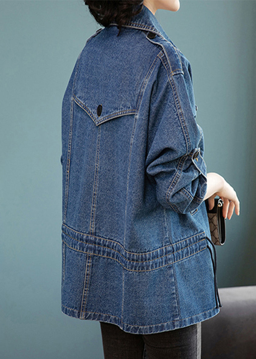 Luvik | Blå Peter Pan Krage Lapper Knappe Denim Jakke Lange Ermer