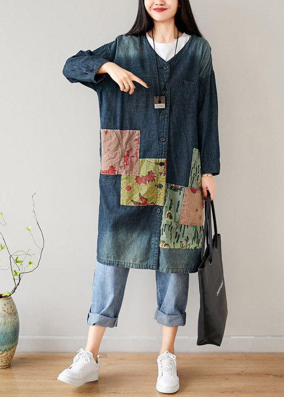 Luvik | Blå denim-lappjakke med V-hals og lommer