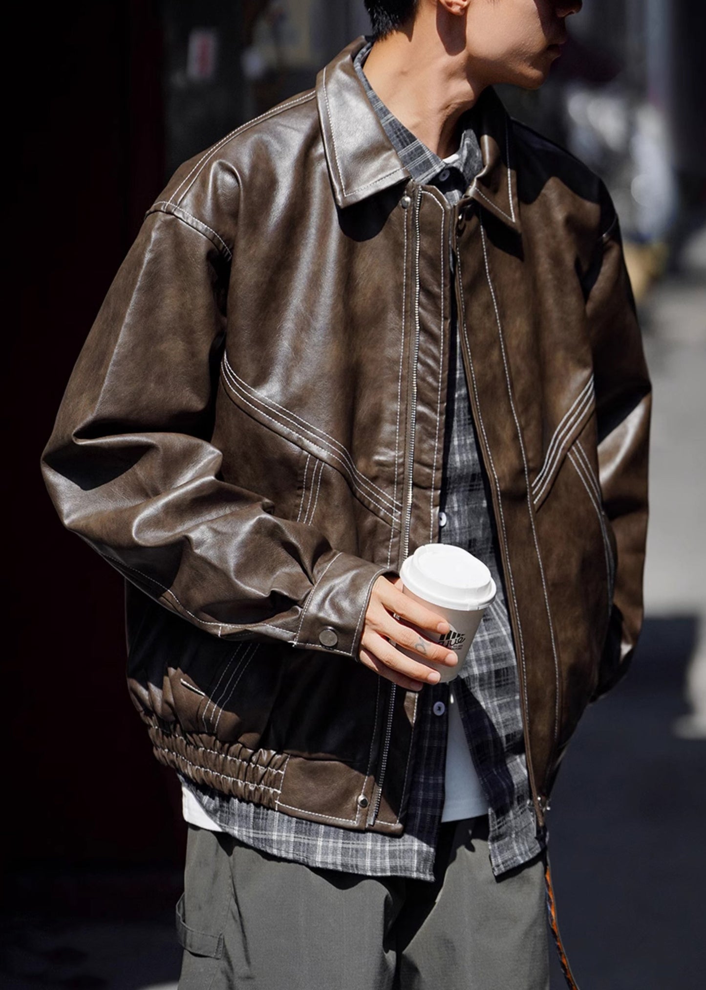 Luvik | Kafee vetoketju suurikokoiset tekonahka takit miehille