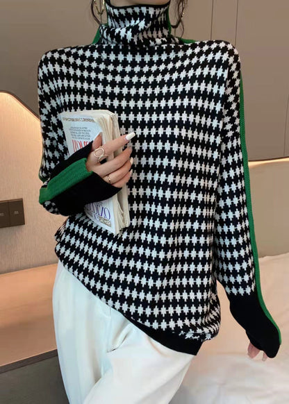 Luvik | Vihreä ruudullinen neuletakki, jossa on korkea kaulus Patchwork