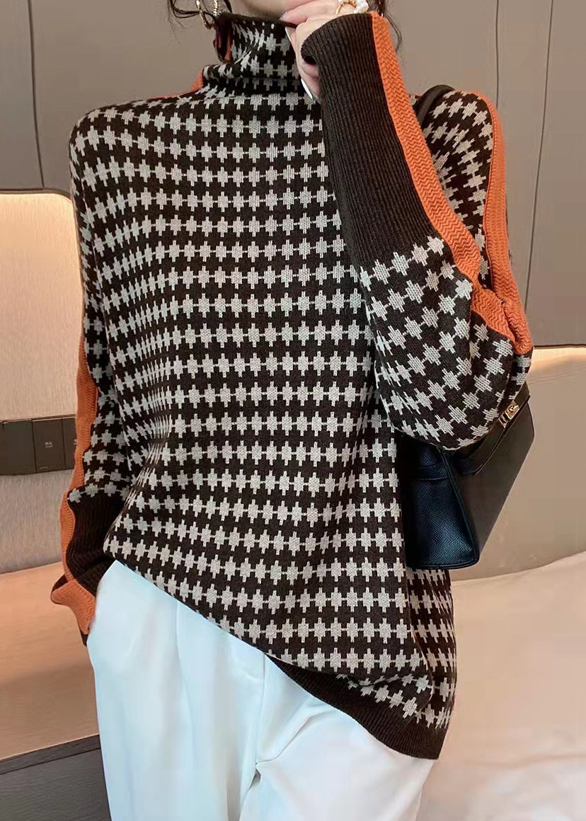 Luvik | Vihreä ruudullinen neuletakki, jossa on korkea kaulus Patchwork