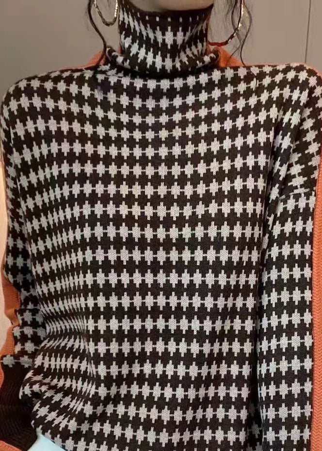 Luvik | Vihreä ruudullinen neuletakki, jossa on korkea kaulus Patchwork