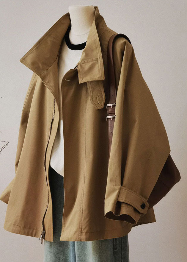 Luvik | Kaki Peter Pan-krage Lommer Glidelås Jakke Trench Patchwork Lange Ermer