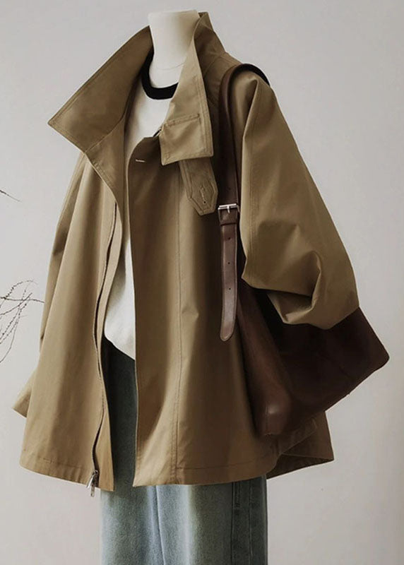 Luvik | Kaki Peter Pan-krage Lommer Glidelås Jakke Trench Patchwork Lange Ermer
