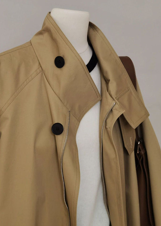 Luvik | Kaki Peter Pan-krage Lommer Glidelås Jakke Trench Patchwork Lange Ermer