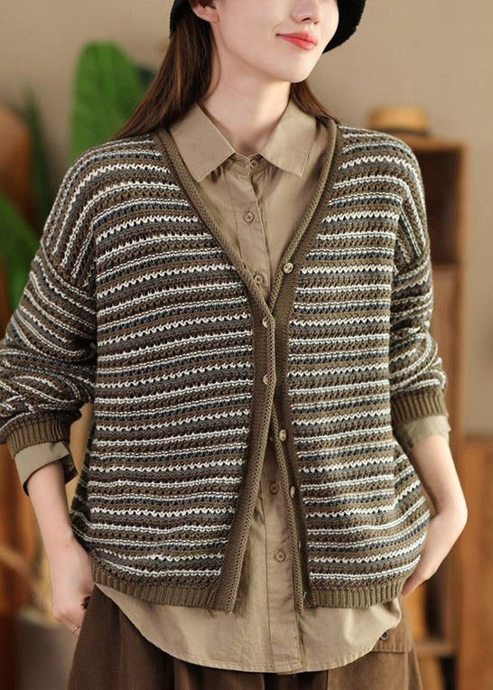 Luvik | Khaki V-hals plissé knapp knitjakke