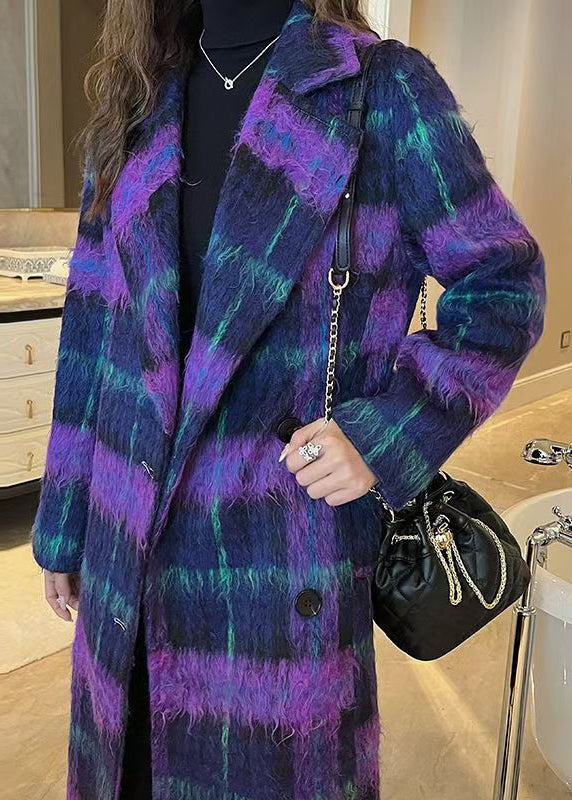 Luvik | Lila Ruudullinen Napillinen Laskostettu Villakangastakki Talvella