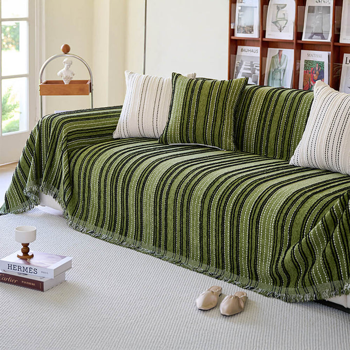 All-Season Stripete Frynser Chenille Holdbar Sofa Dekket | Luvikno