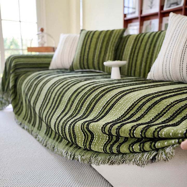 All-Season Stripete Frynser Chenille Holdbar Sofa Dekket | Luvikno