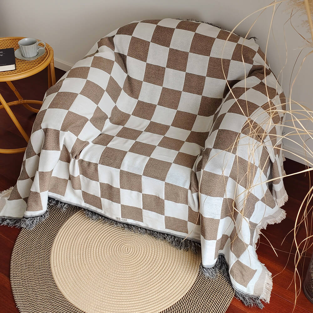 Color Block Rute Fringe Trim Sofa Blanket Cover | Luvikno