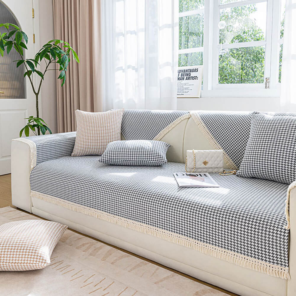 Houndstooth-mønster Elegant Frynse Myk Bomull Lin Bukse Deksel | Luvikno