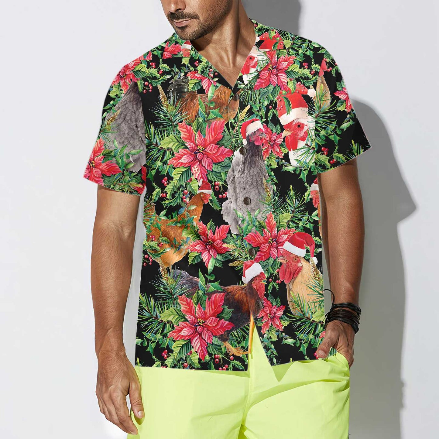 Luvik | Hauska kukko joulukasvien kanssa hawaijipaita