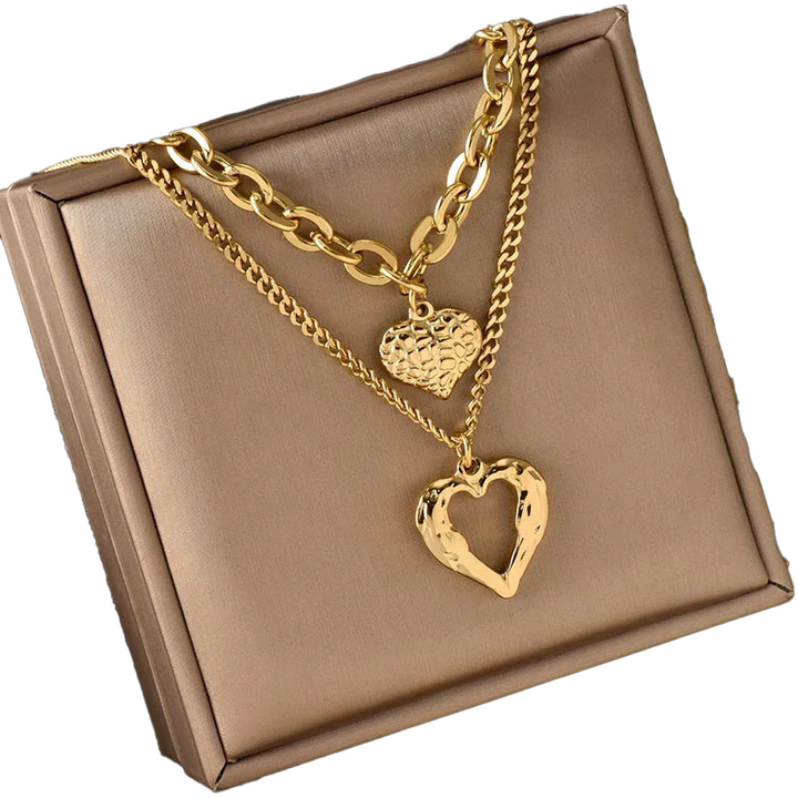 Chic Double-Layer Heart & Cuban Link Chain Choker Necklace Luvikno