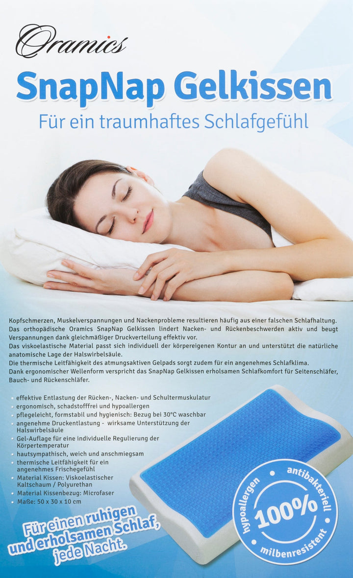 SNAPNAP Gel skumpute med hodeutsparing + avkjølende gelputer, 50 x 30 cm, høyde 10 cm, ergonomisk og hypoallergenisk | Luvikno