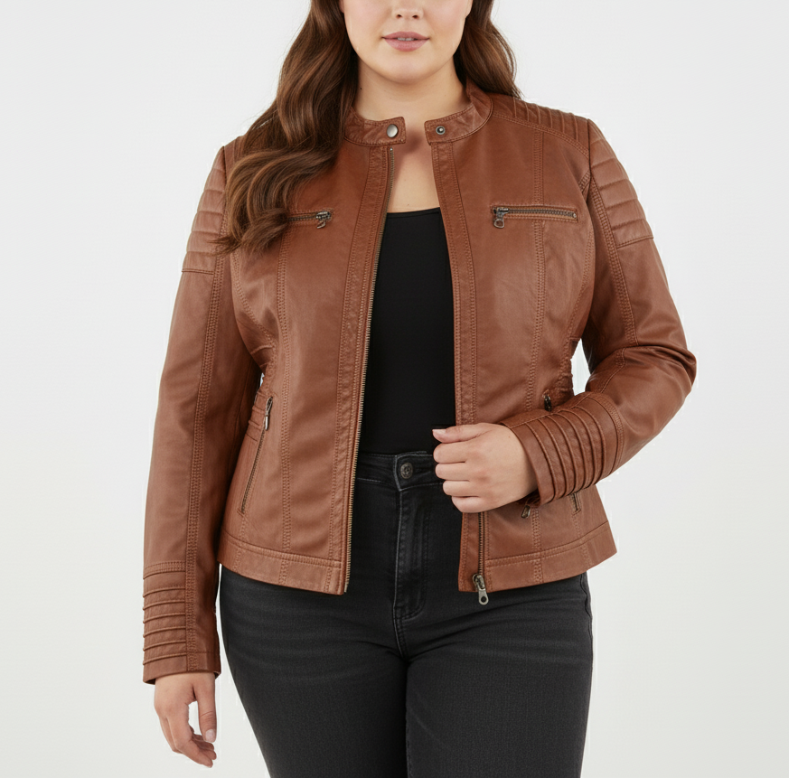 Dame biker-jakke i kunstskinn med hette | Store størrelser (L–3XL)