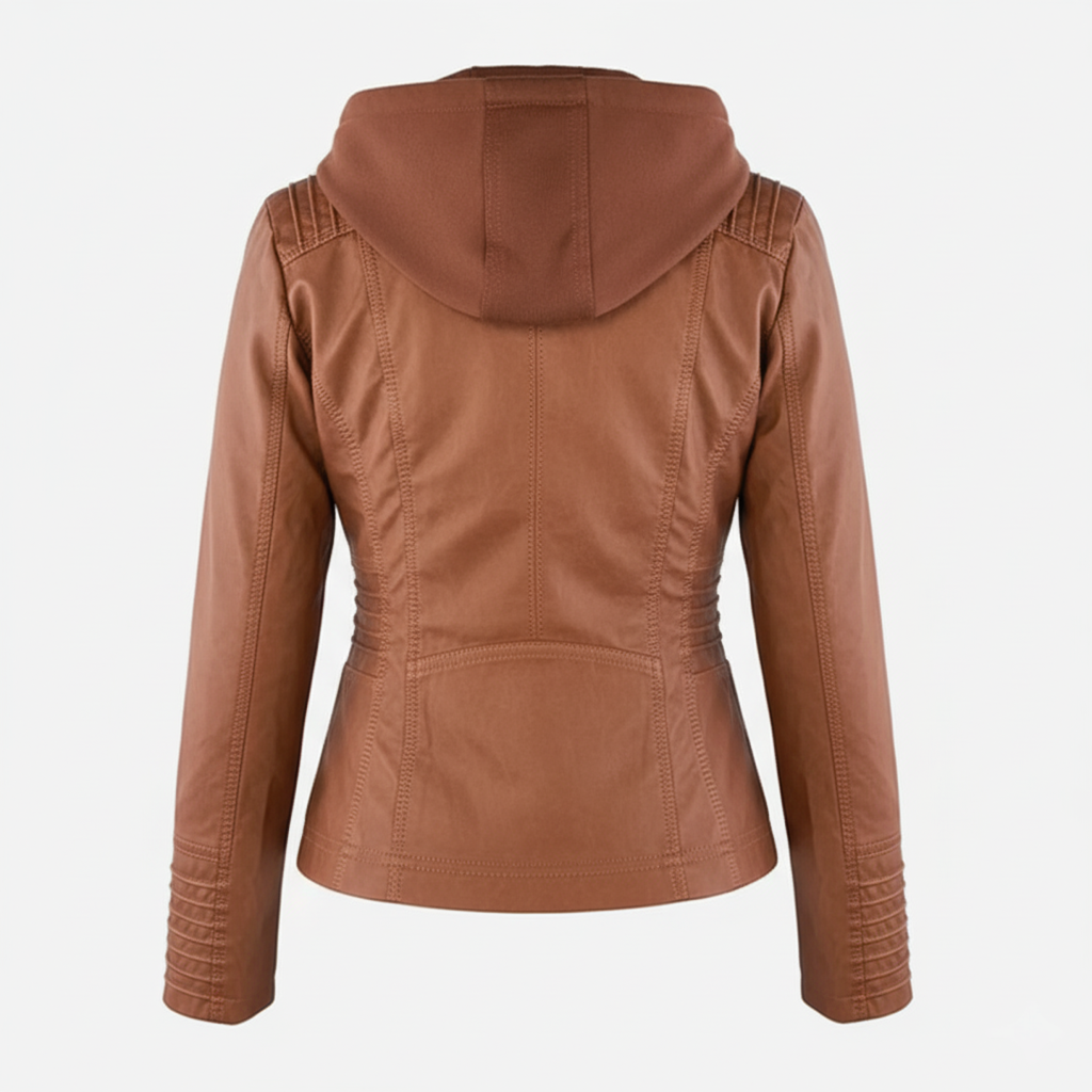 Dame biker-jakke i kunstskinn med hette | Store størrelser (L–3XL)