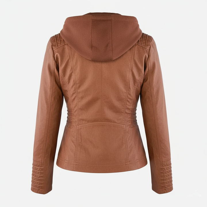 Dame biker-jakke i kunstskinn med hette | Store størrelser (L–3XL)