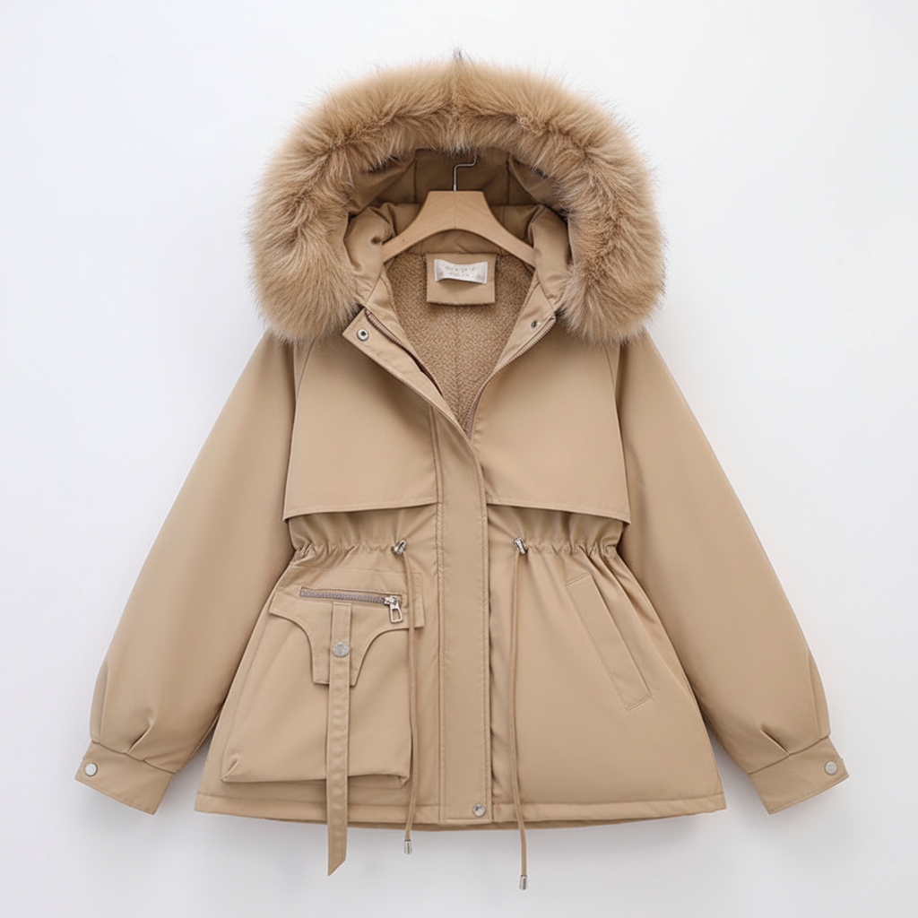 Dameparka med kunstpelshood og justerbar midje | Store størrelser