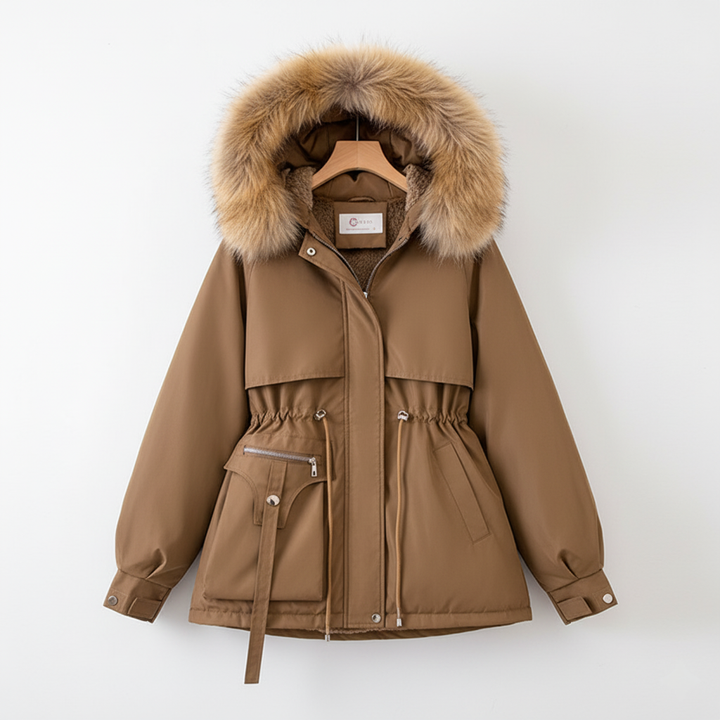 Dameparka med kunstpelshood og justerbar midje | Store størrelser