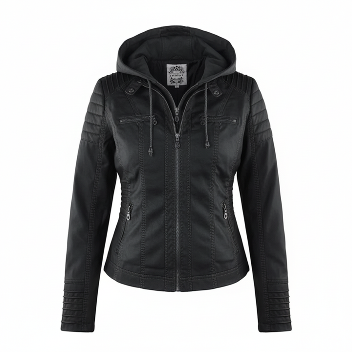Dame biker-jakke i kunstskinn med hette | Store størrelser (L–3XL)