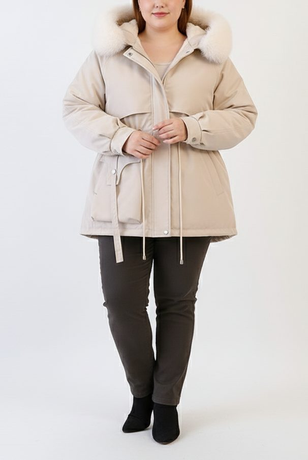 Dameparka med kunstpelshood og justerbar midje | Store størrelser