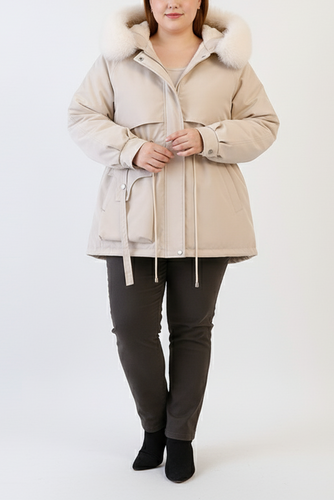 Dameparka med kunstpelshood og justerbar midje | Store størrelser