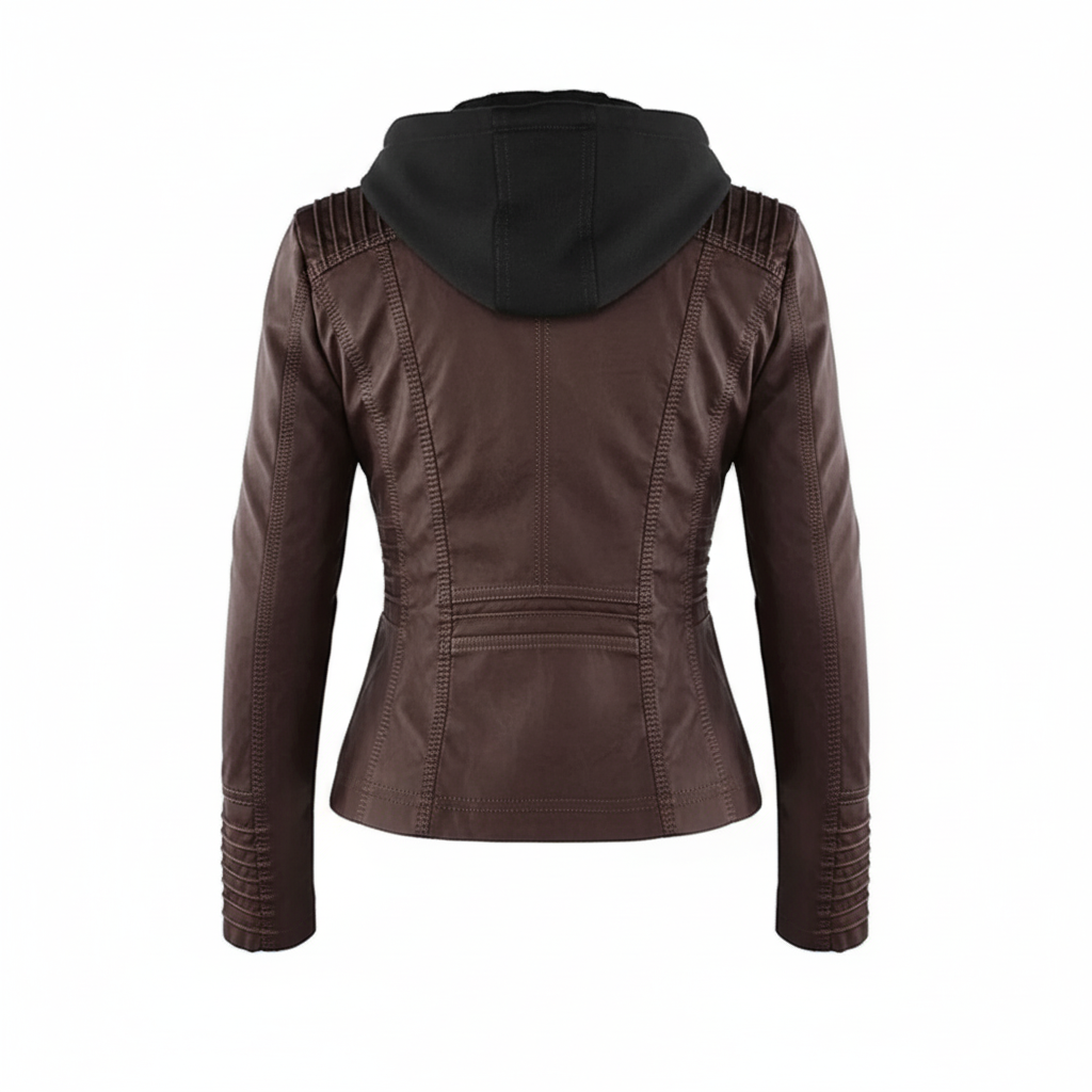 Dame biker-jakke i kunstskinn med hette | Store størrelser (L–3XL)