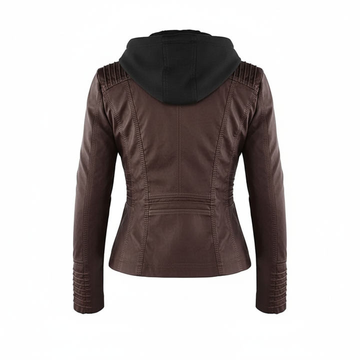 Dame biker-jakke i kunstskinn med hette | Store størrelser (L–3XL)