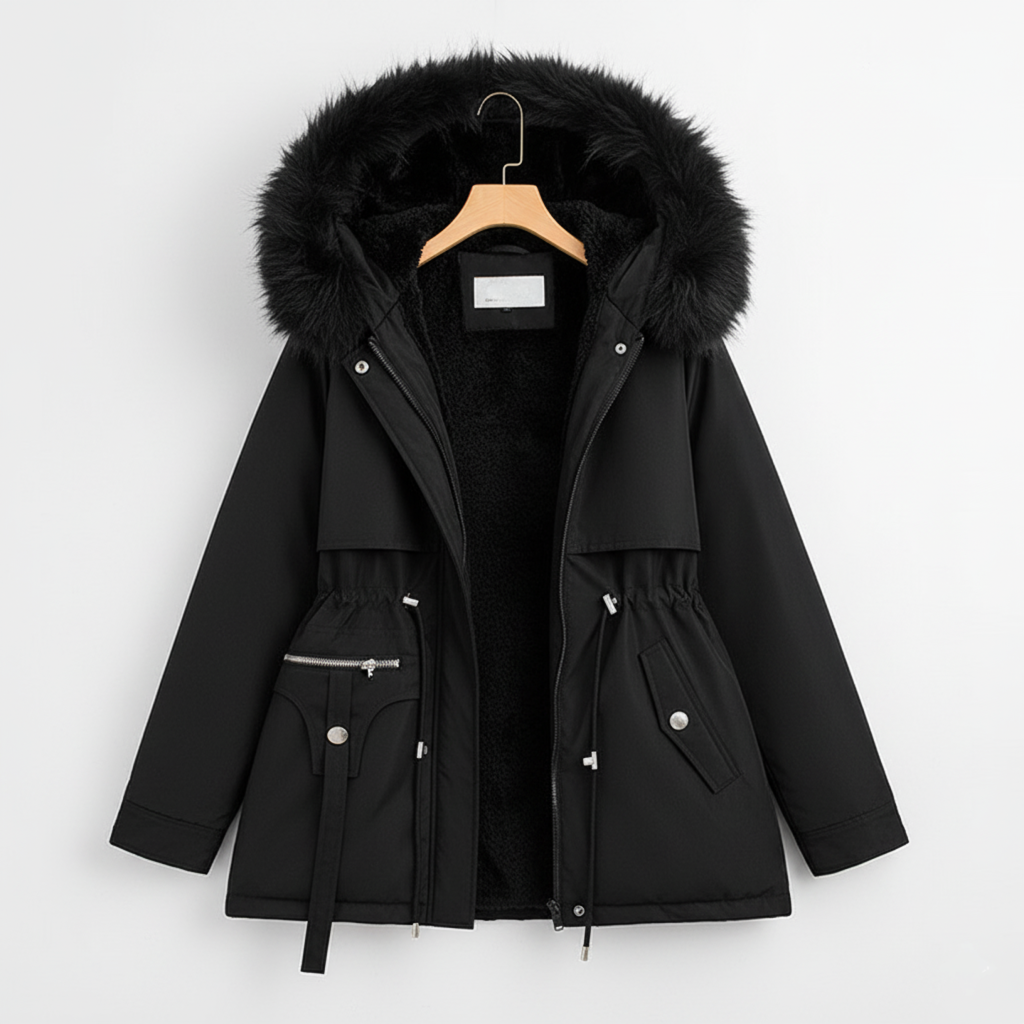 Dameparka med kunstpelshood og justerbar midje | Store størrelser