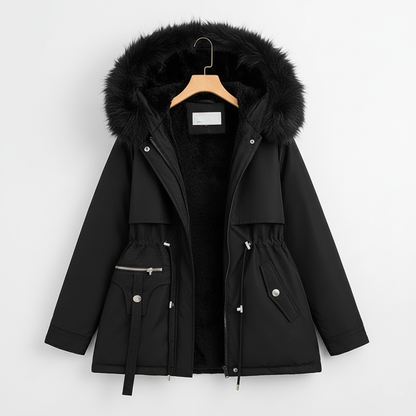 Naisten parka tekoturkishupulla & säädettävällä vyötäröllä | Suuret koot