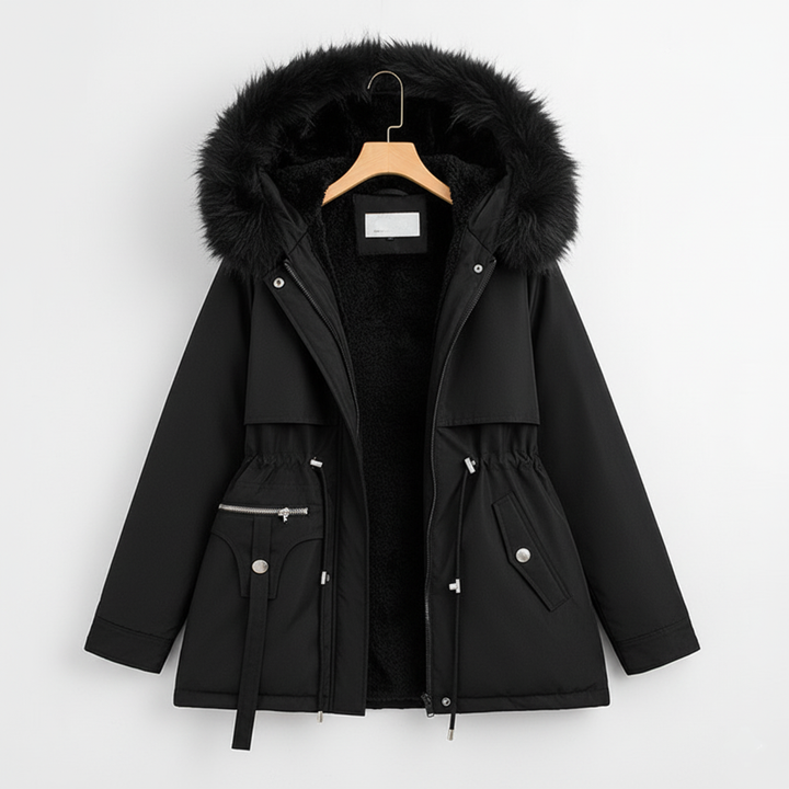 Dameparka med kunstpelshood og justerbar midje | Store størrelser