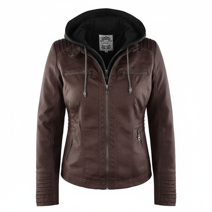 Dame biker-jakke i kunstskinn med hette | Store størrelser (L–3XL)