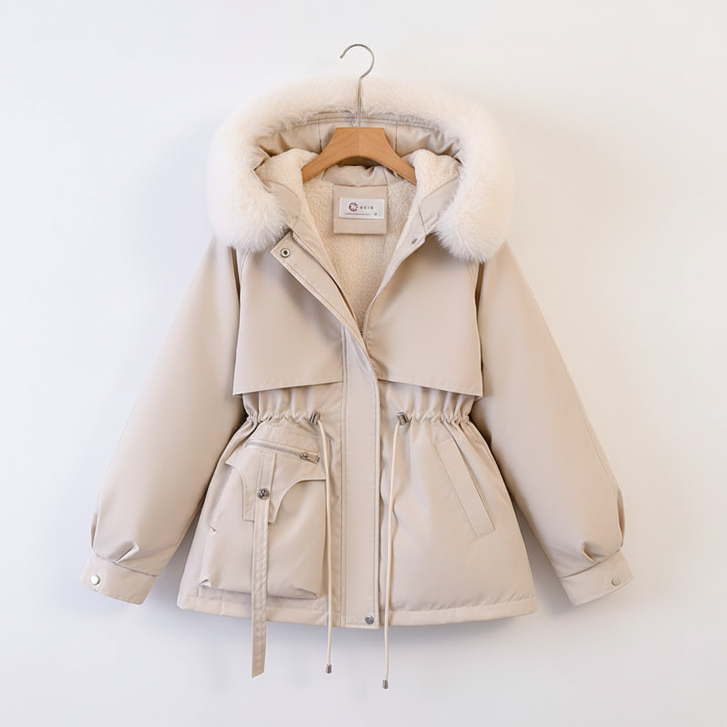 Dameparka med kunstpelshood og justerbar midje | Store størrelser