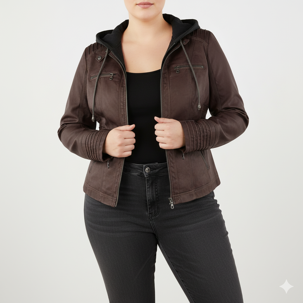 Dame biker-jakke i kunstskinn med hette | Store størrelser (L–3XL)