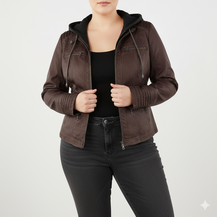 Dame biker-jakke i kunstskinn med hette | Store størrelser (L–3XL)