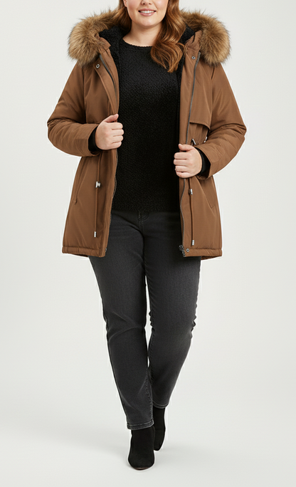 Naisten parka tekoturkishupulla & säädettävällä vyötäröllä | Suuret koot