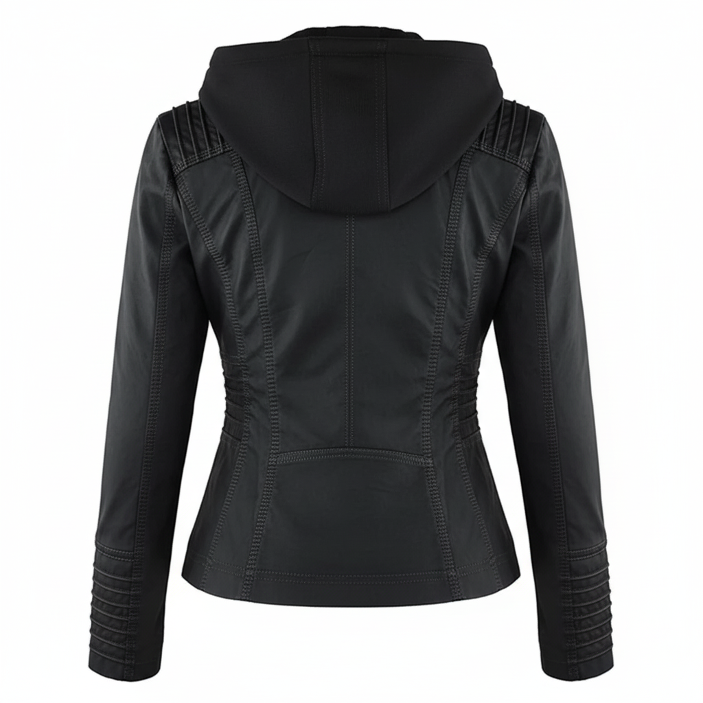 Dame biker-jakke i kunstskinn med hette | Store størrelser (L–3XL)
