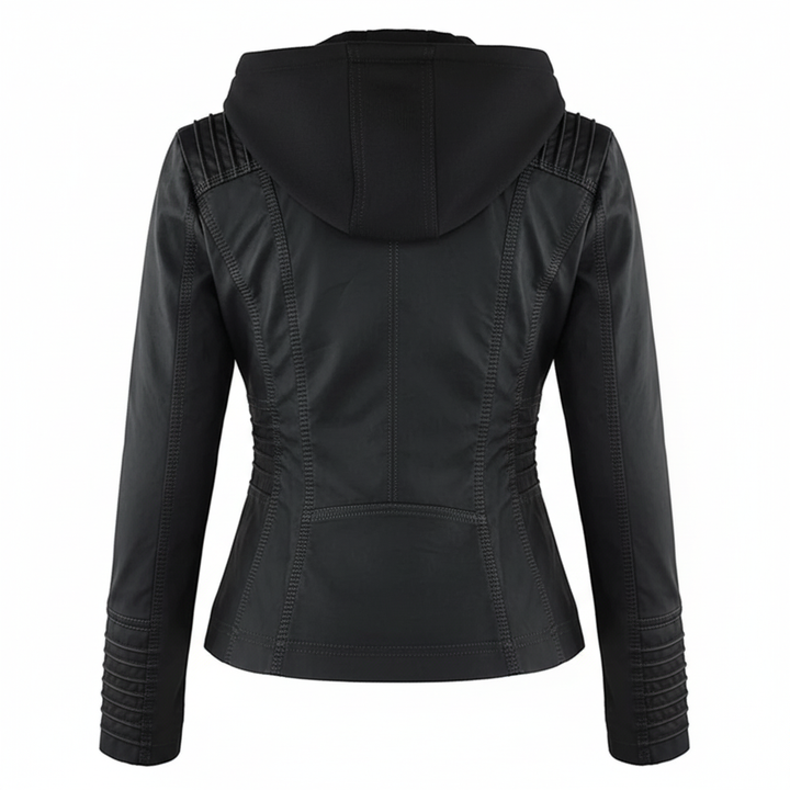 Dame biker-jakke i kunstskinn med hette | Store størrelser (L–3XL)